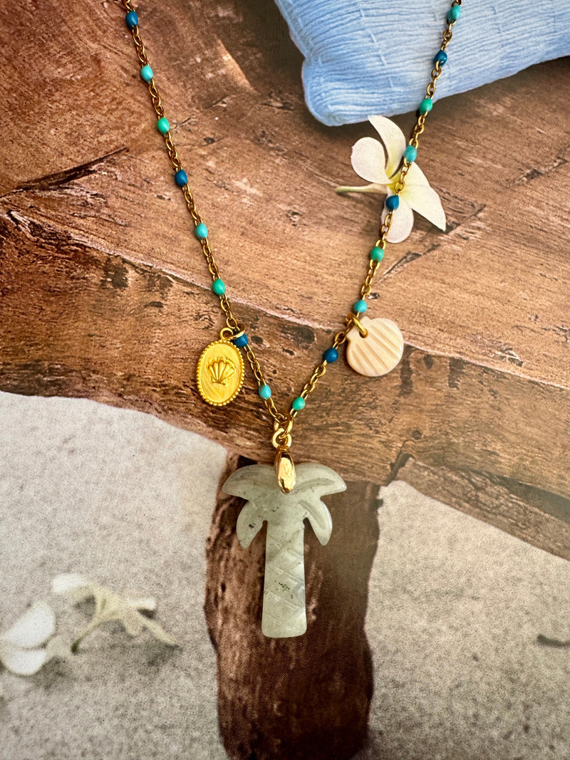 Bougainvillea Café Agua de Coco Necklace in Larvikite