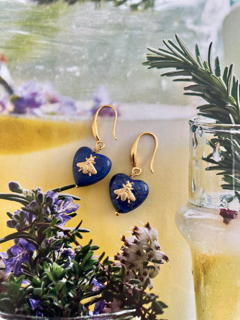 Bougainvillea Cafe Jolie Earrings with Lapis Hearts Gold Bees Bougainvillea Cafe
